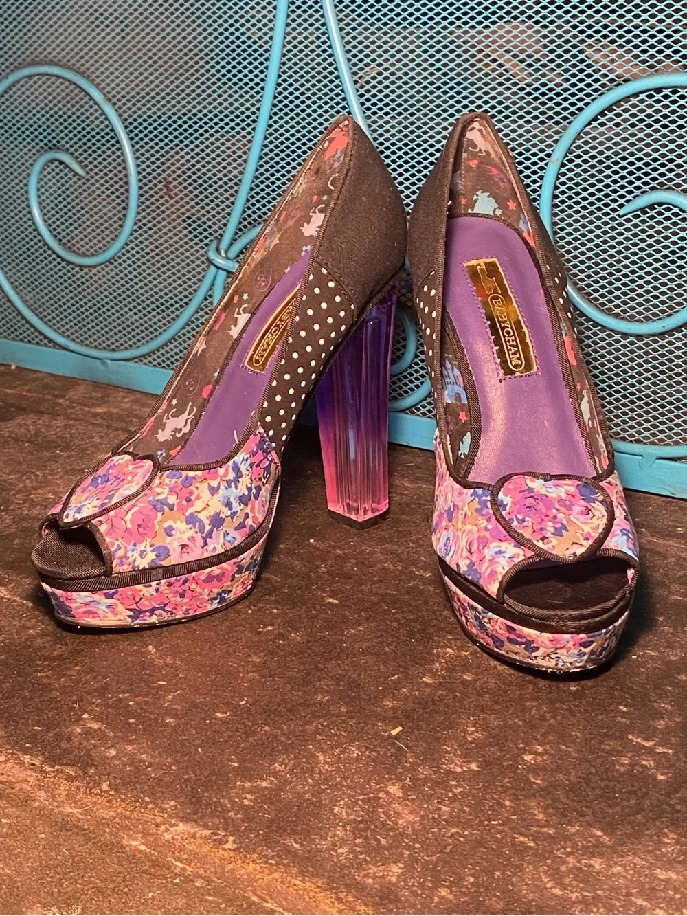 BABYCHAM platform peep toe pin up pumps,clear purple heels,hearts,polka dots, 7